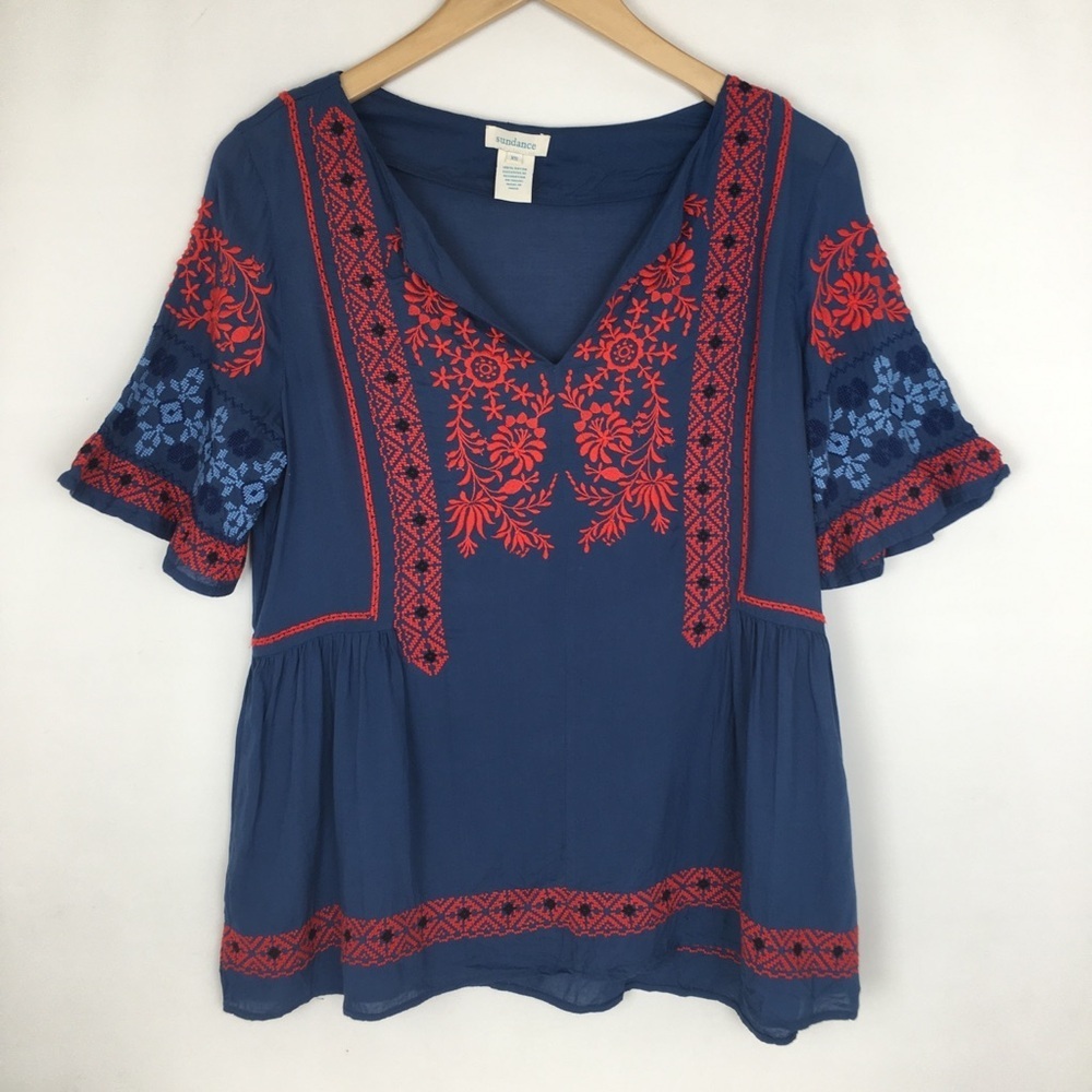 Sundance Fable Embroidered Boho Top Blouse Blue Red Rayon Women’s Size XS - Picture 2 of 10